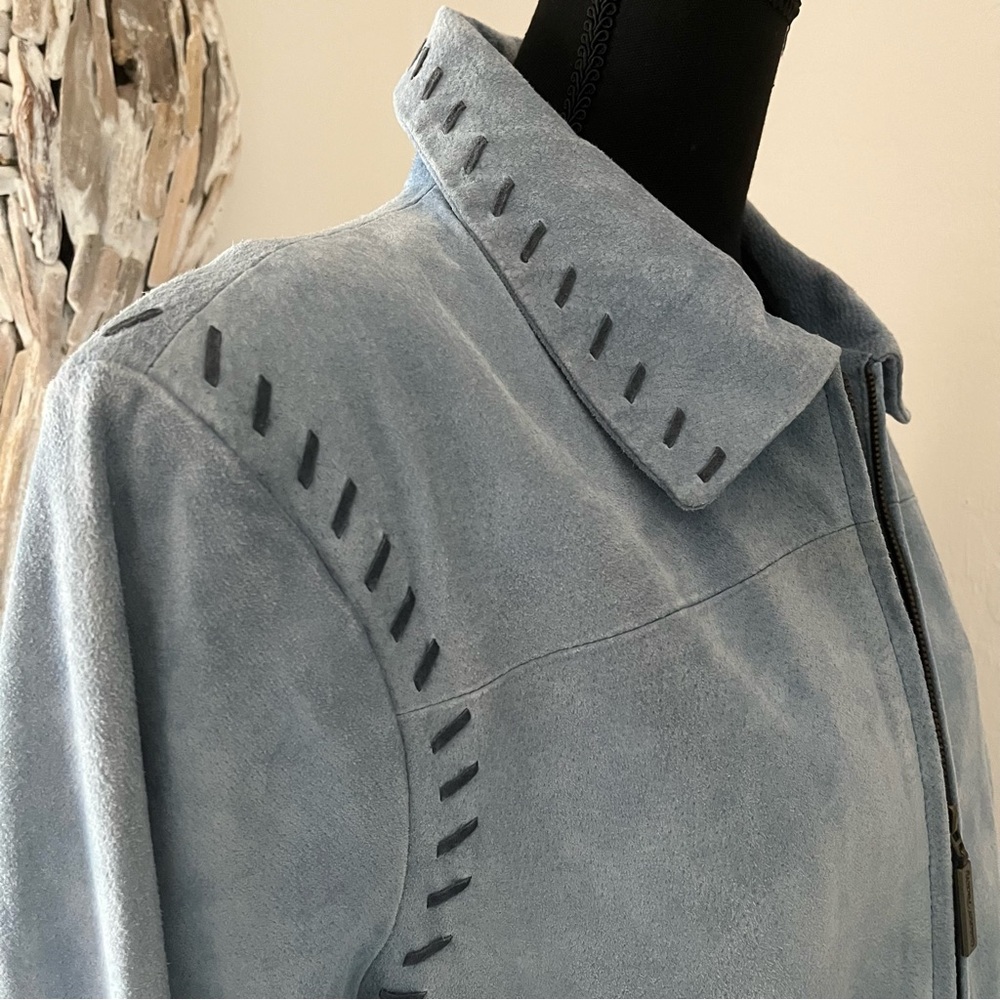 Suede Leather Barn Jacket L Blue Sunflowers Whipstitch Fall Boho Chore Quacker - Picture 2 of 16